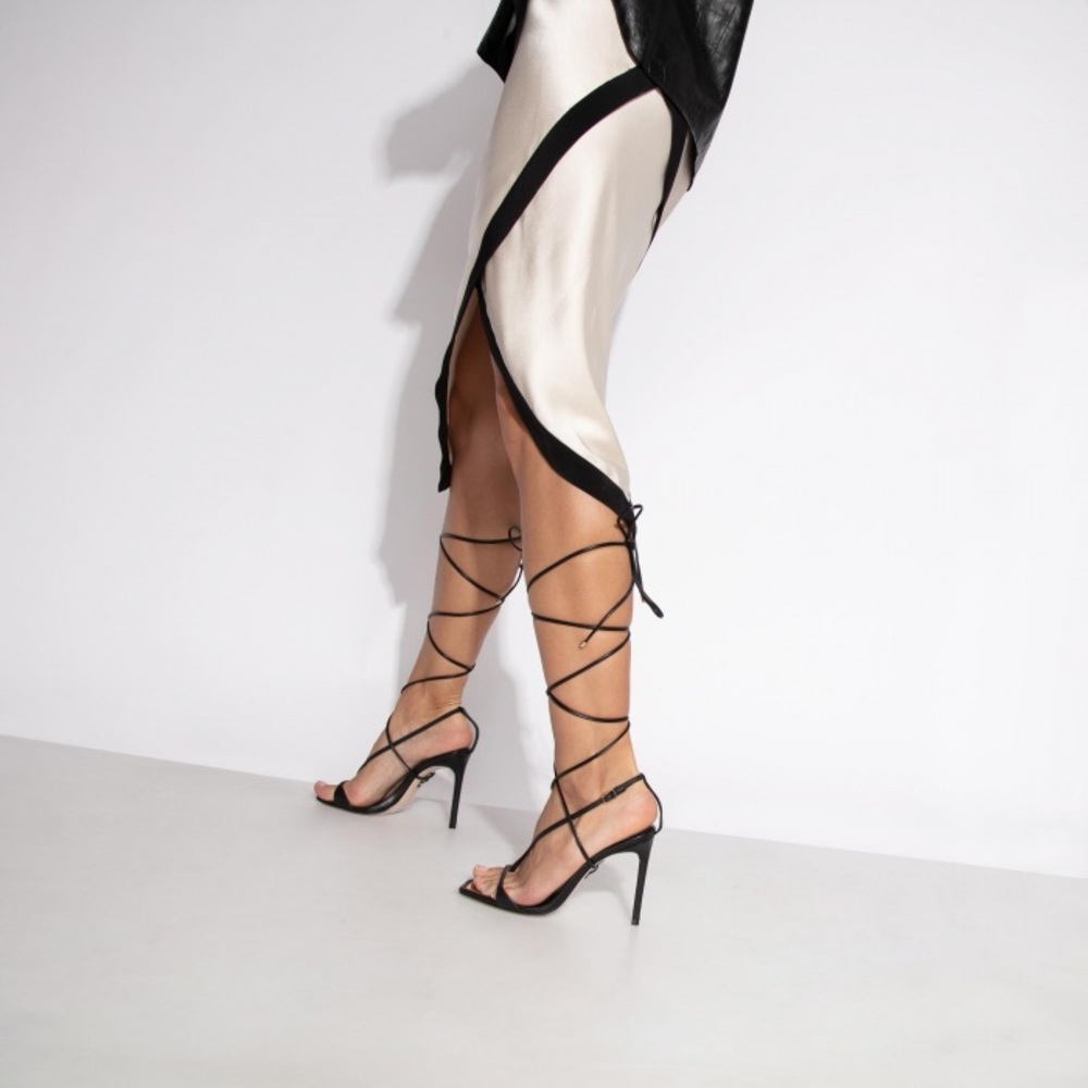 Schutz Vikki Heels Black Leather Wrap Ankle Tie - Picture 1 of 8